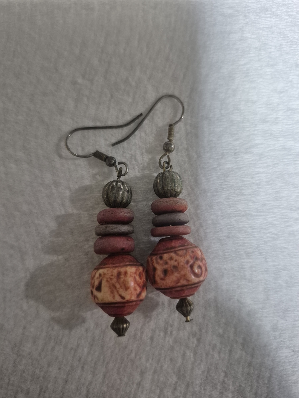 Vintage Earth Tone Stacked Terracotta Clay Wood Bead Dangle Earrings Boho Tribal